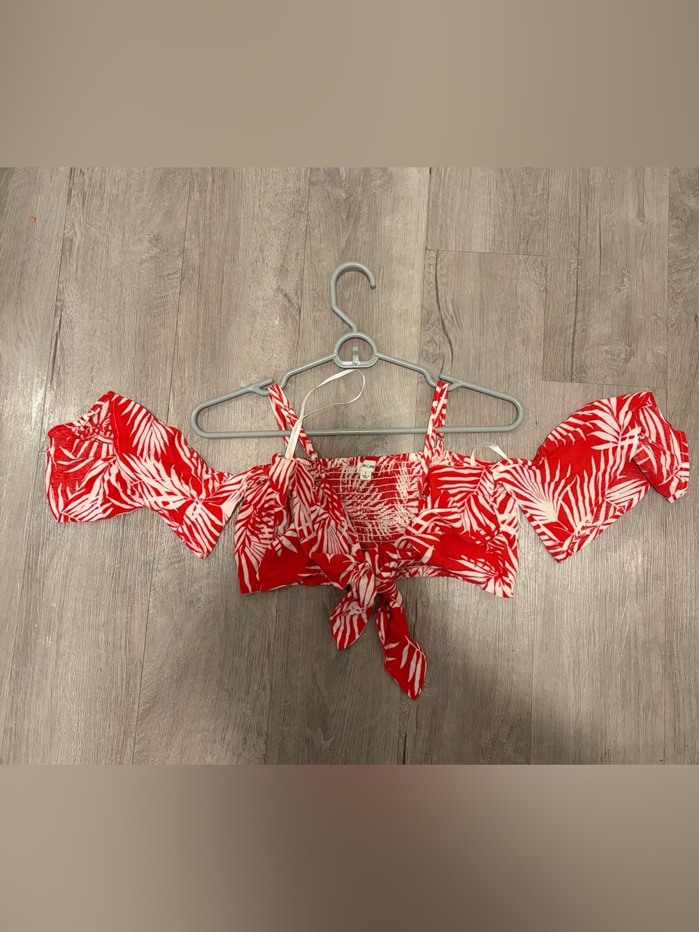 Cotton Candy Red Tropical Tie-Front Off-Shoulder Crop Top